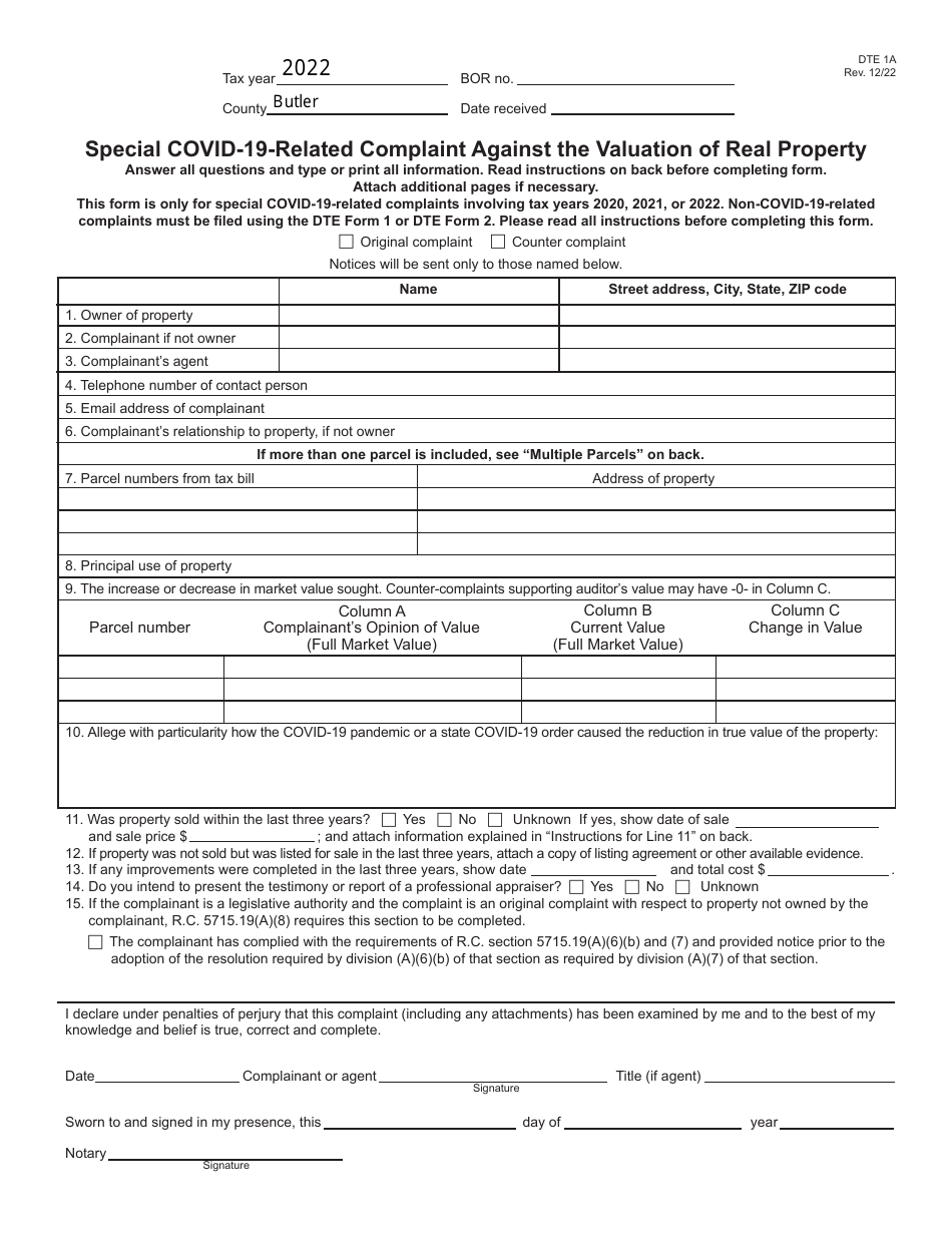 Form DTE1A Special Covid-19-related Complaint Against the Valuation of Real Property - Butler County, Ohio, Page 1
