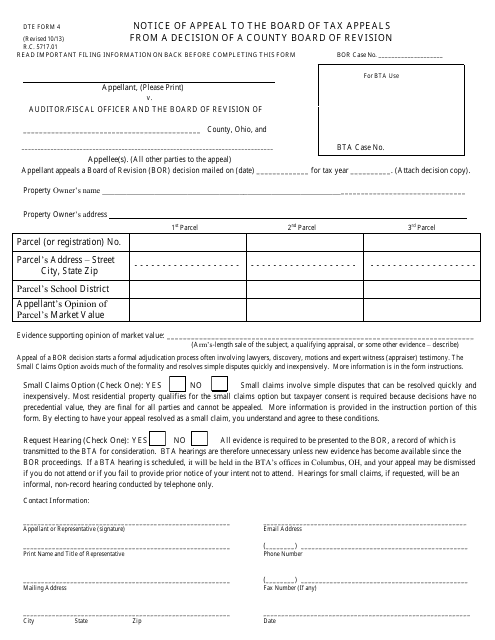 DTE Form 4 Notice of Appeal to the Board of Tax Appeals From a Decision of a County Board of Revision - Butler County, Ohio