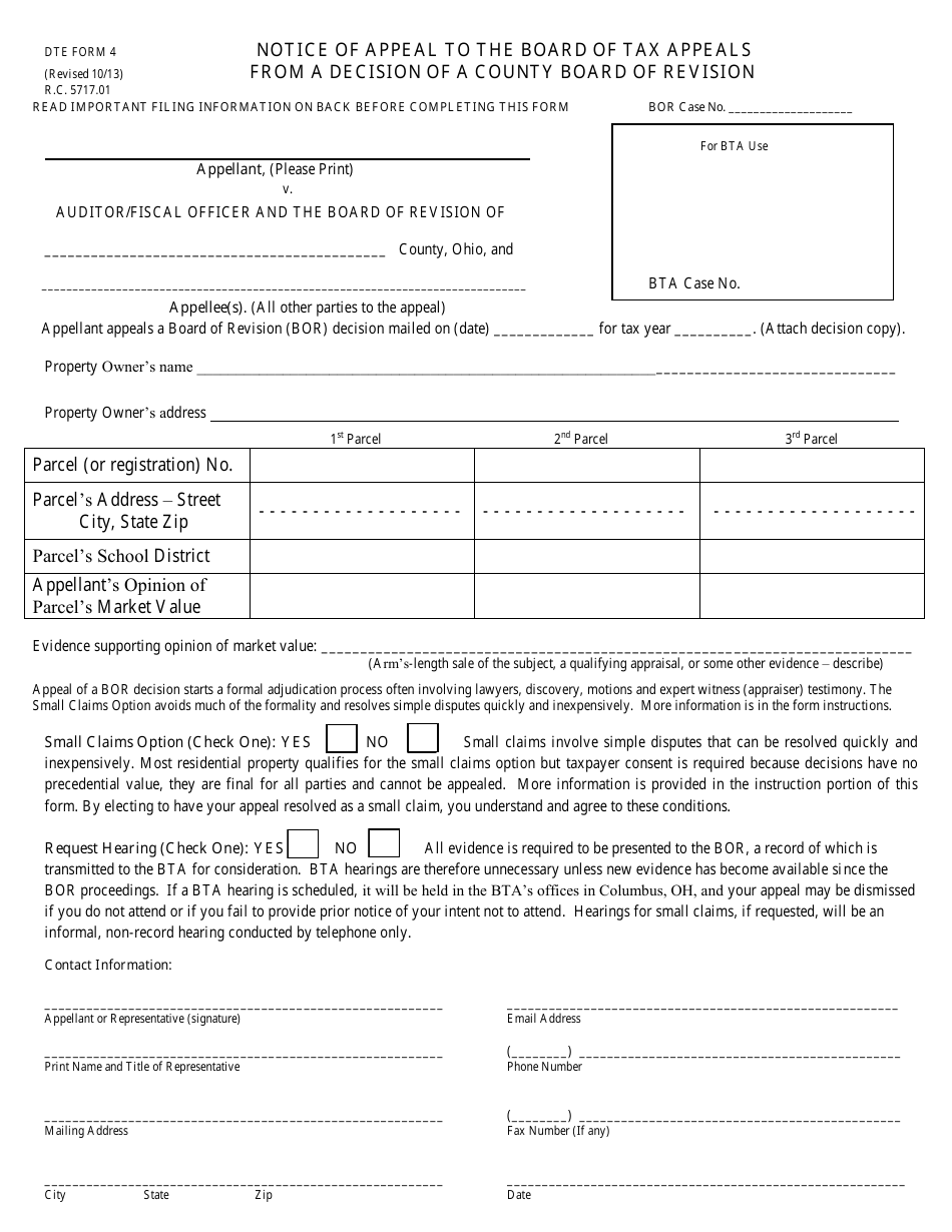DTE Form 4 Notice of Appeal to the Board of Tax Appeals From a Decision of a County Board of Revision - Butler County, Ohio, Page 1