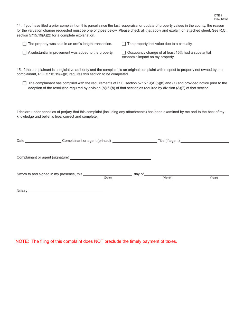 Form DTE1 Download Fillable PDF or Fill Online Complaint Against the
