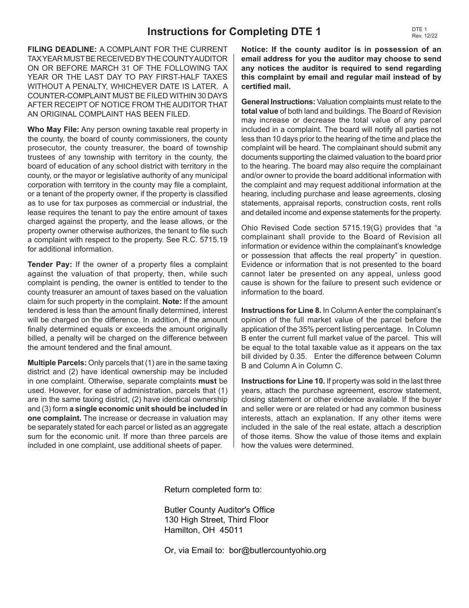 Form DTE1 Complaint Against the Valuation of Real Property - Butler County, Ohio, Page 4