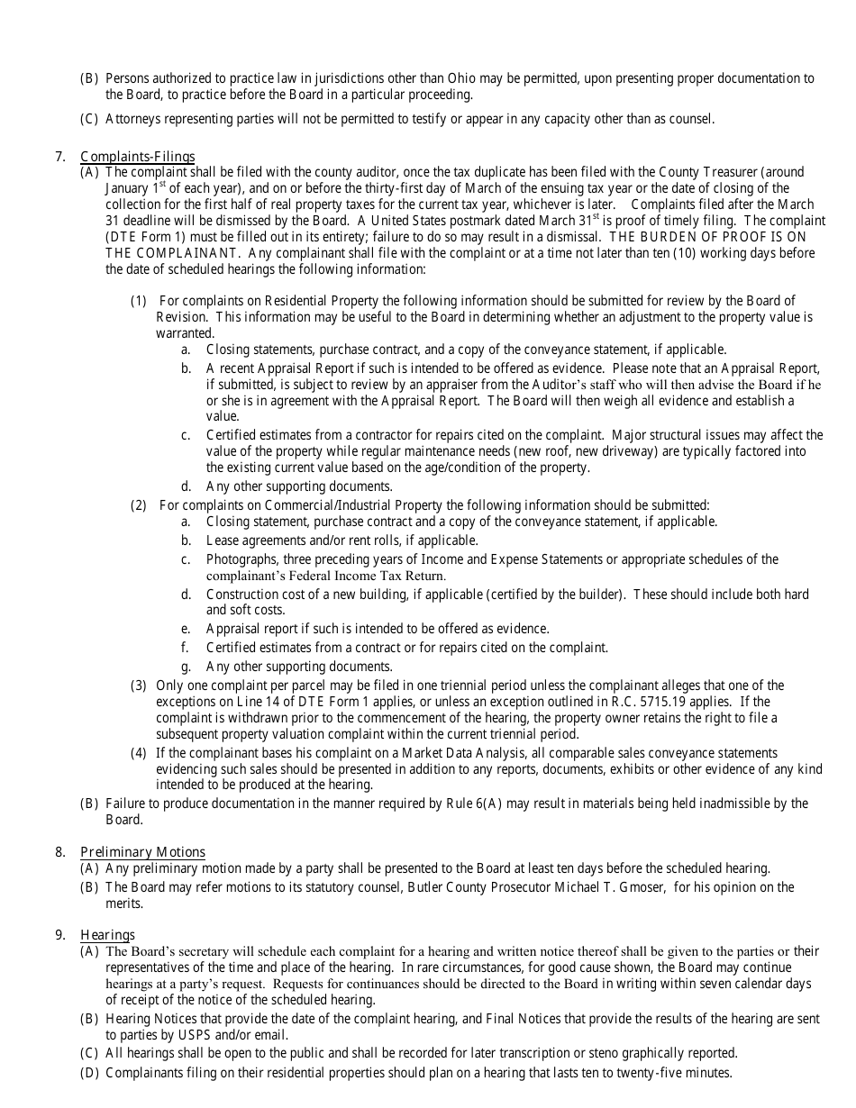 Form DTE1 Complaint Against the Valuation of Real Property - Butler County, Ohio, Page 6