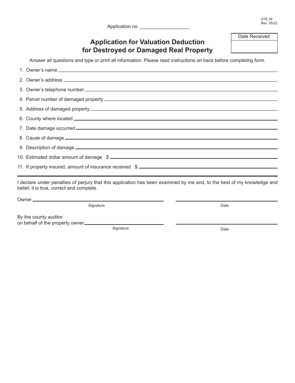 Form DTE26 Application for Valuation Deduction for Destroyed or Damaged Real Property - Butler County, Ohio, Page 2