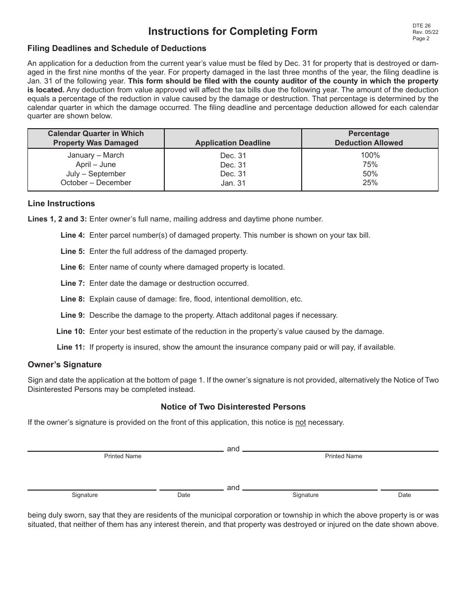 Form DTE26 Application for Valuation Deduction for Destroyed or Damaged Real Property - Butler County, Ohio, Page 3
