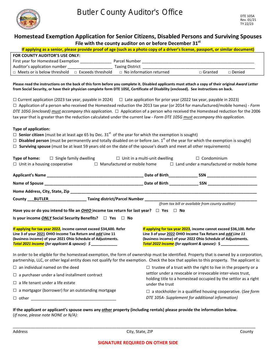 Form DTE105A Homestead Exemption Application for Senior Citizens, Disabled Persons and Surviving Spouses - Butler County, Ohio, Page 1
