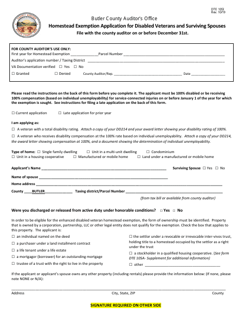 Form DTE105I Homestead Exemption Application for Disabled Veterans and Surviving Spouses - Butler County, Ohio