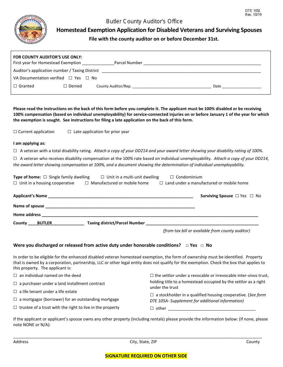 Form DTE105I Homestead Exemption Application for Disabled Veterans and Surviving Spouses - Butler County, Ohio, Page 1