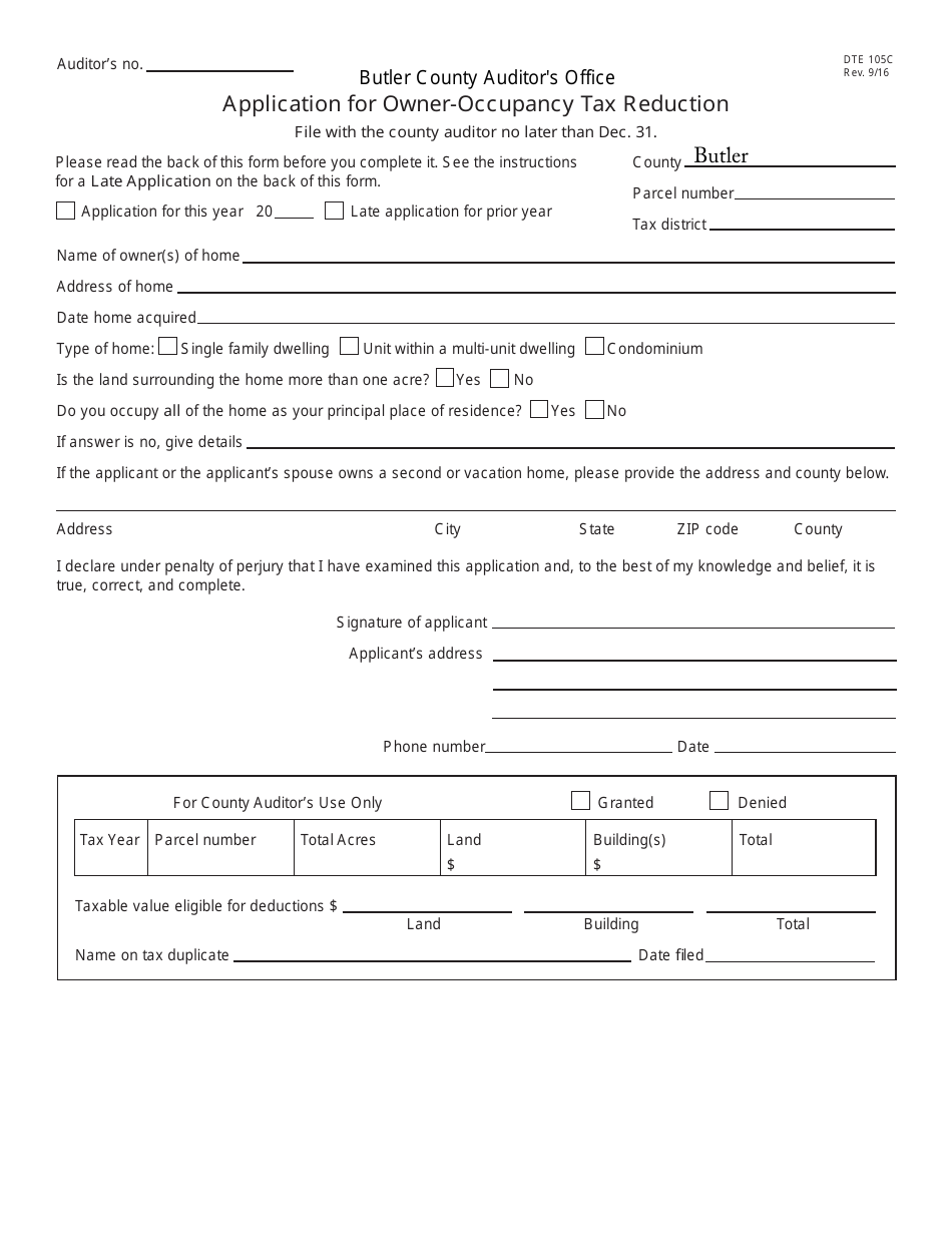 Form DTE105C Application for Owner-Occupancy Tax Reduction - Butler County, Ohio, Page 1