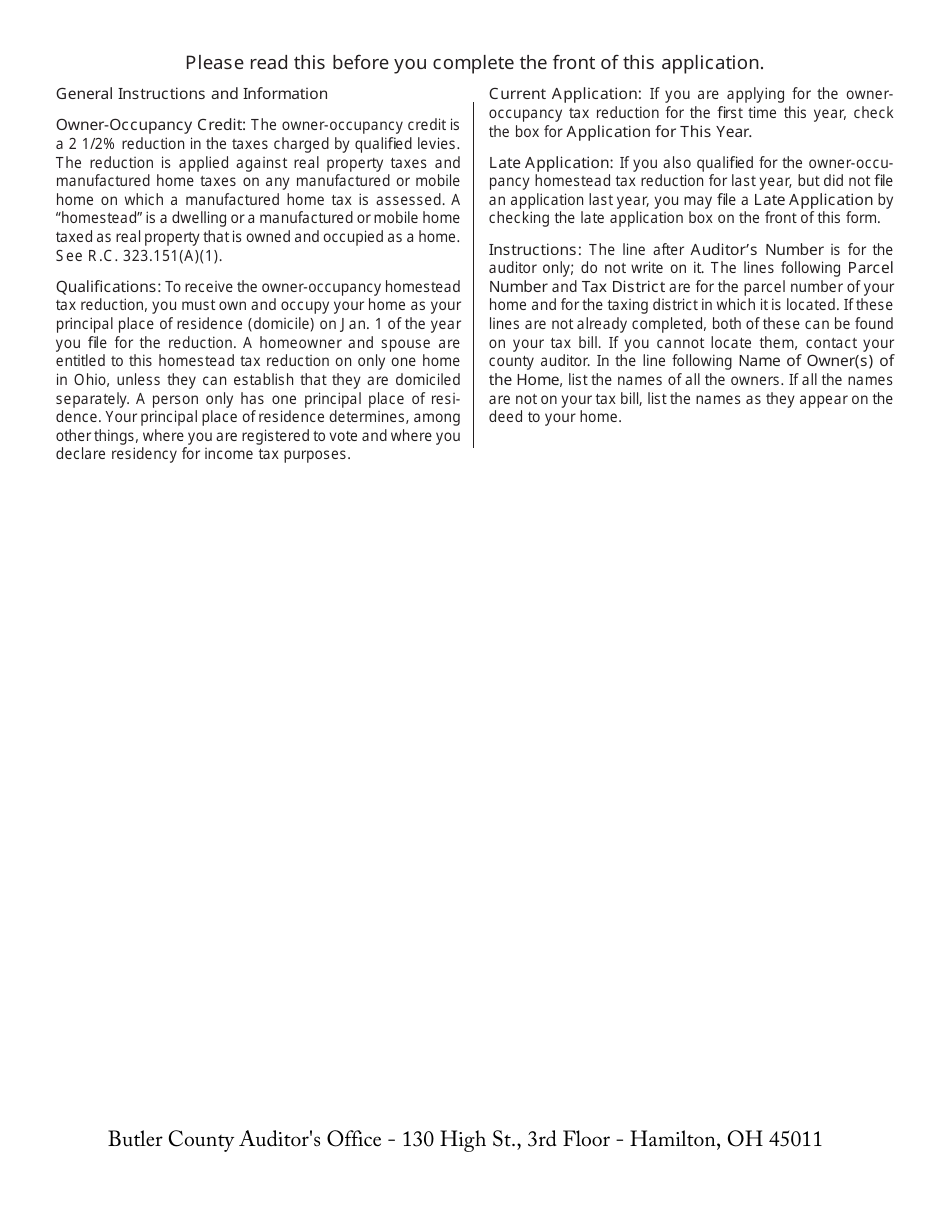 Form DTE105C Application for Owner-Occupancy Tax Reduction - Butler County, Ohio, Page 2