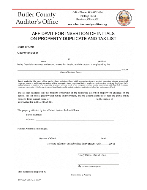 Affidavit for Insertion of Initials on Property Duplicate and Tax List - Butler County, Ohio Download Pdf