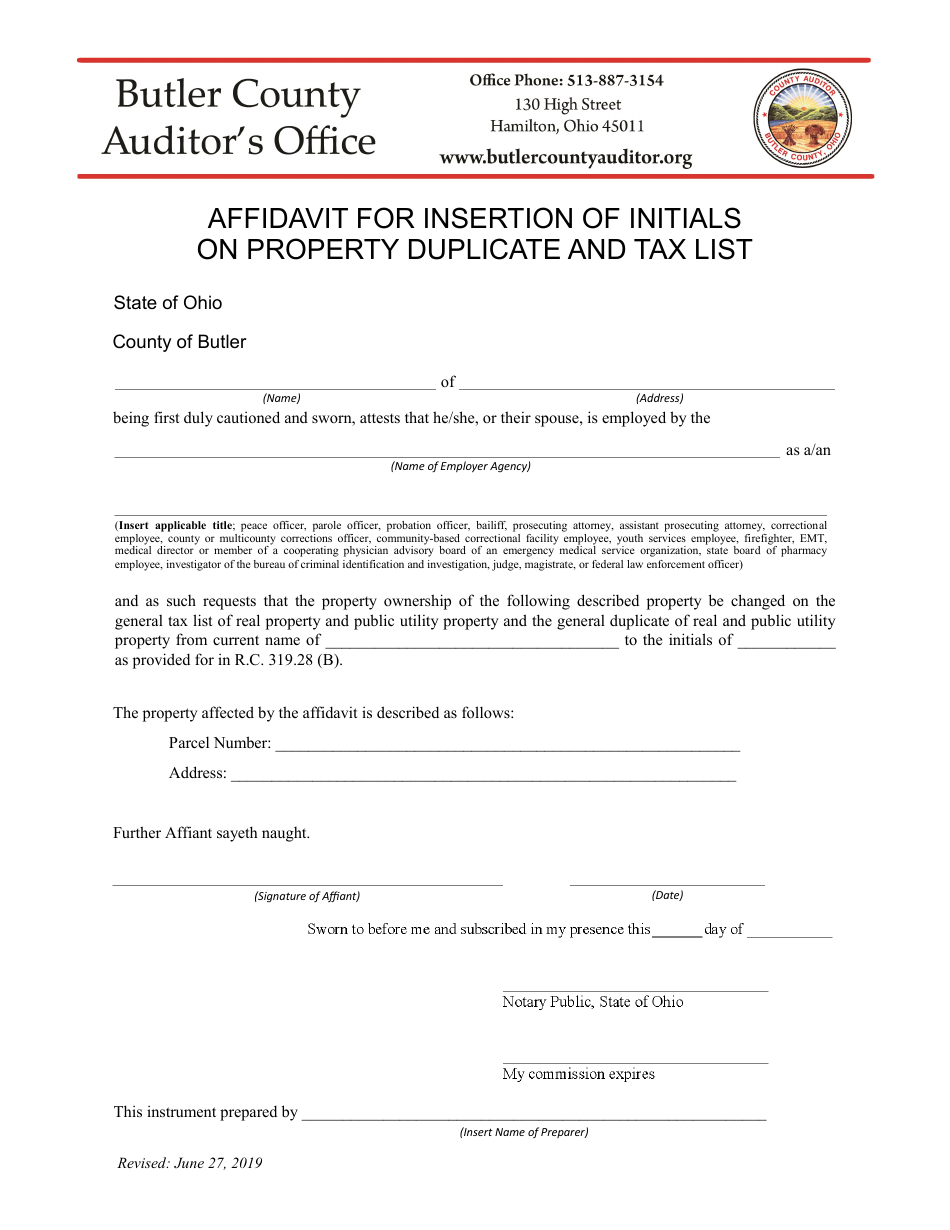 Butler County, Ohio Affidavit for Insertion of Initials on Property