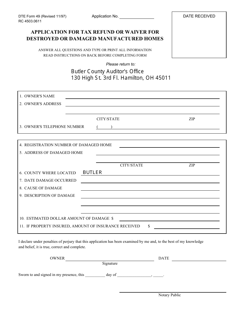 DTE Form 49 Application for Tax Refund or Waiver for Destroyed or Damaged Manufactured Homes - Butler County, Ohio, Page 1