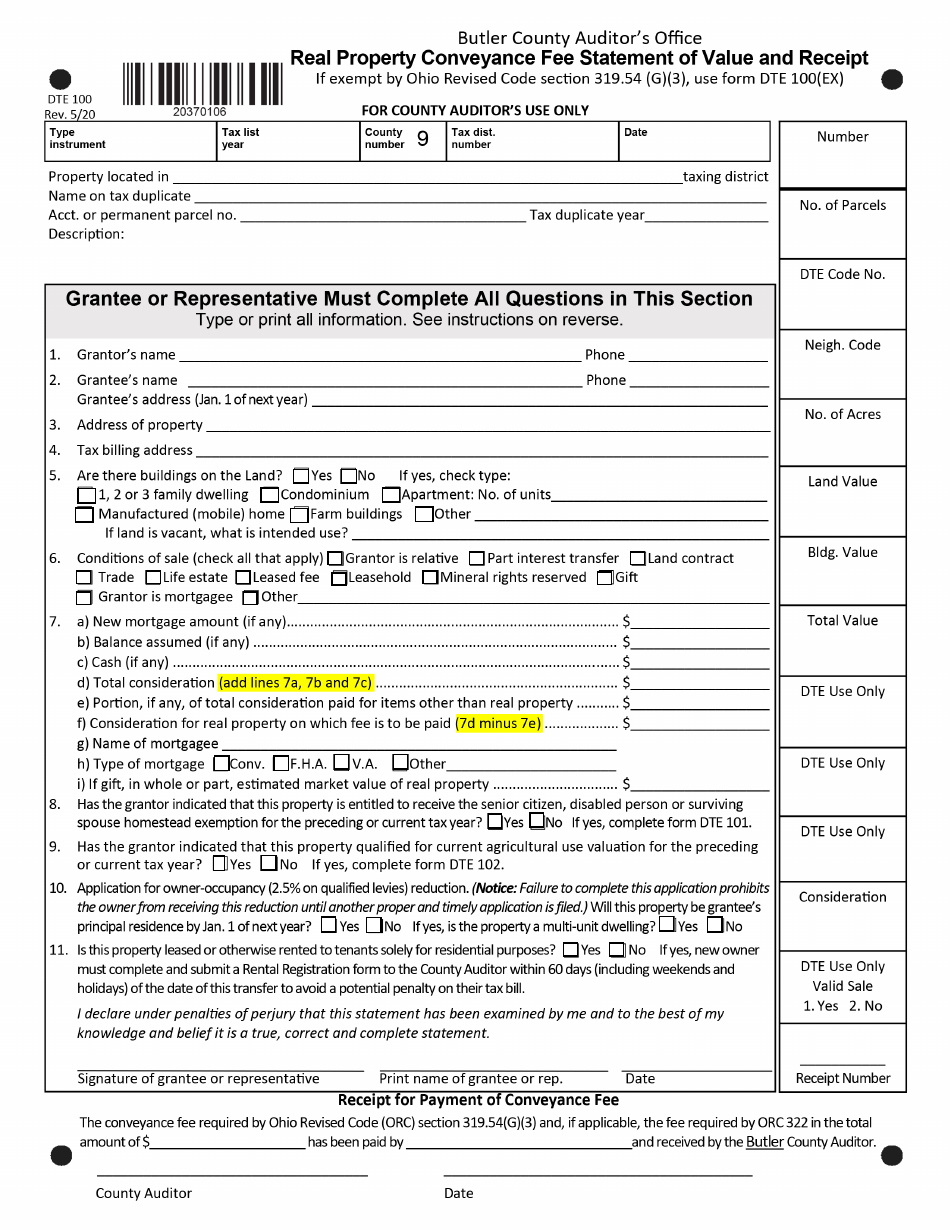 Form DTE100 Fill Out, Sign Online and Download Fillable PDF, Butler