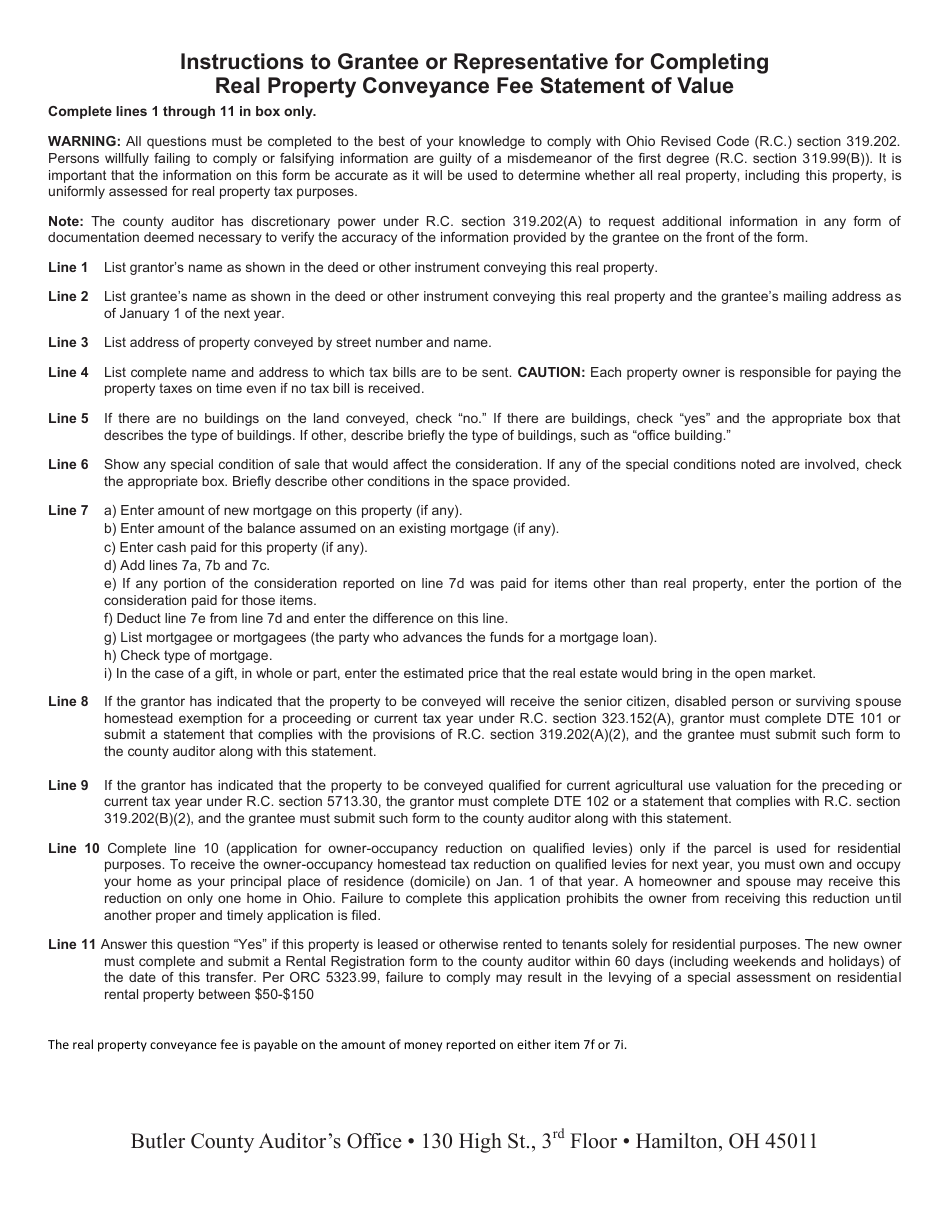 Form DTE100 Real Property Conveyance Fee Statement of Value and Receipt - Butler County, Ohio, Page 2