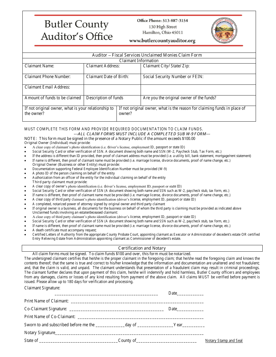Unclaimed Monies Claim Form - Butler County, Ohio, Page 1