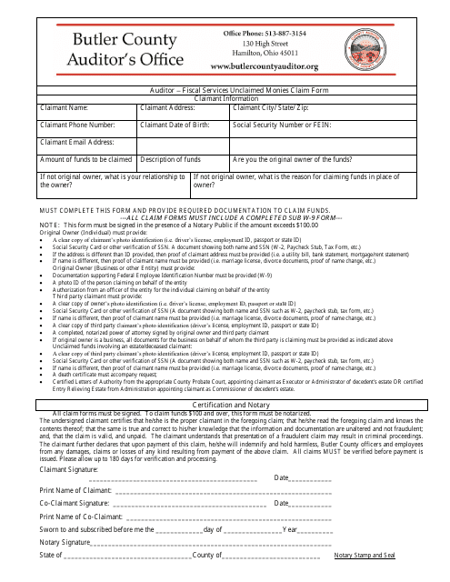 Unclaimed Monies Claim Form - Butler County, Ohio