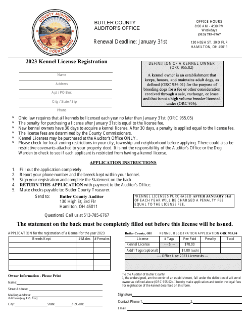 Kennel License Registration - Butler County, Ohio Download Pdf