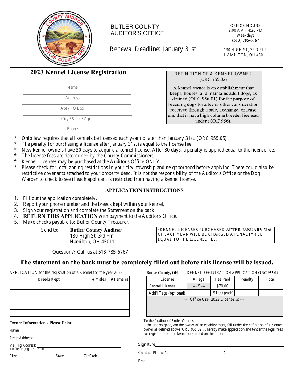 2023 Butler County, Ohio Kennel License Registration Fill Out, Sign