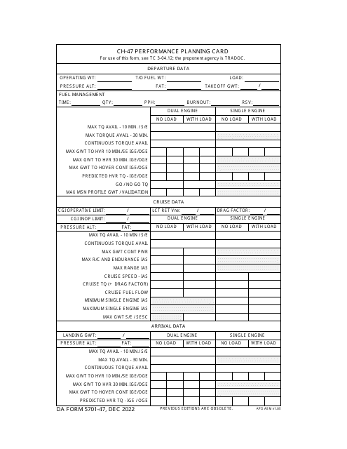 DA Form 5701-47 Ch-47 Performance Planning Card