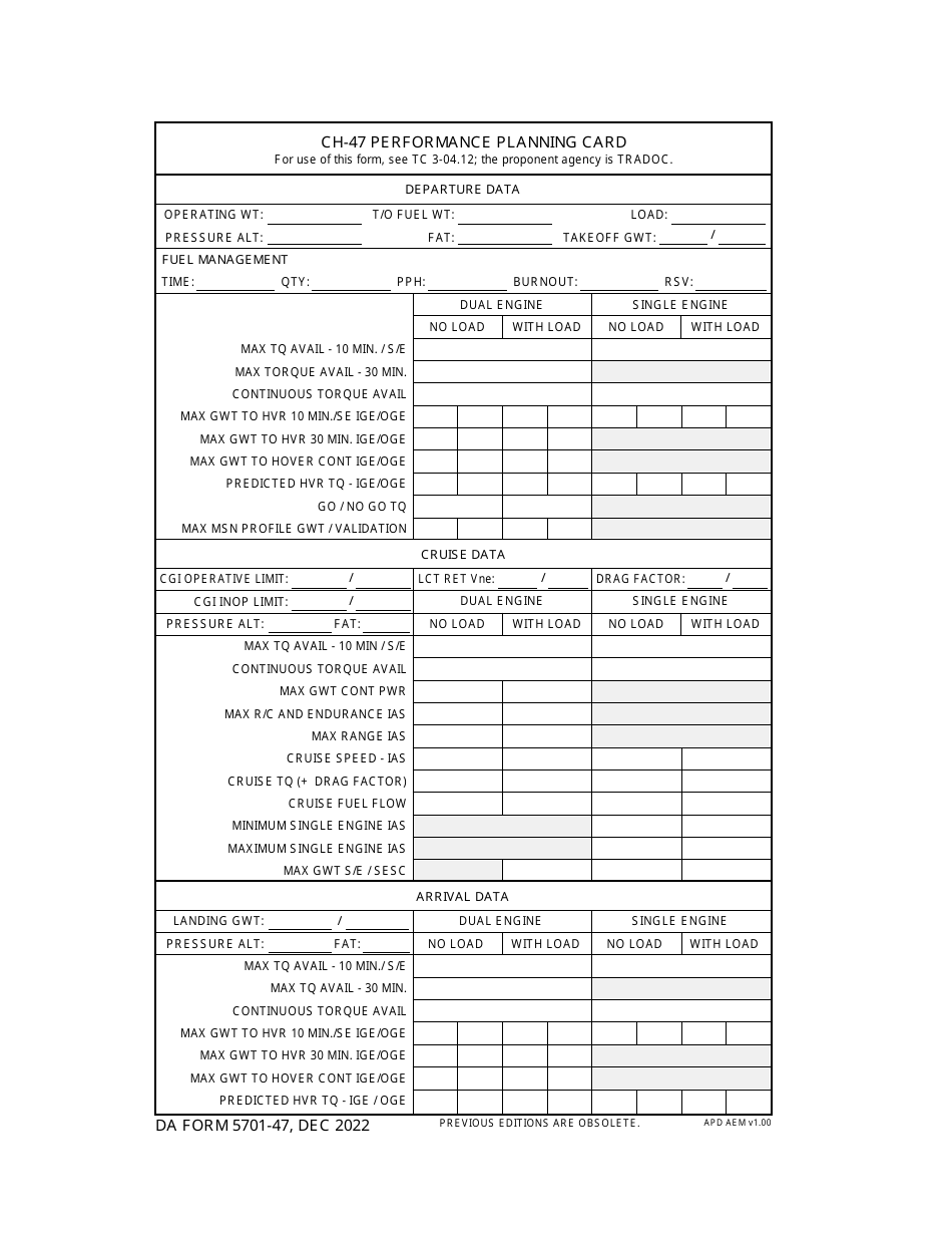 DA Form 5701-47 Ch-47 Performance Planning Card, Page 1
