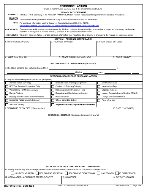 DA Form 4187  Printable Pdf