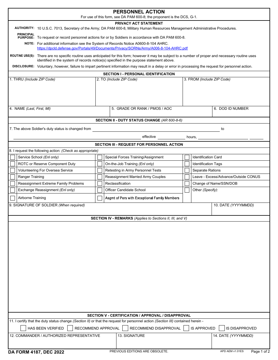 DA Form 4187 Personnel Action, Page 1