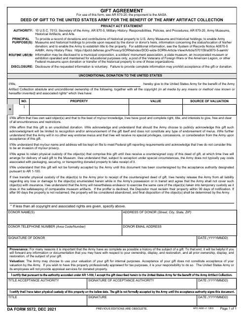 DA Form 5572 Gift Agreement