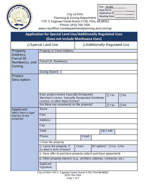 Application for Special Land Use / Additionally Regulated Uses (Does Not Include Marihuana Uses) - City of Flint, Michigan Download Pdf