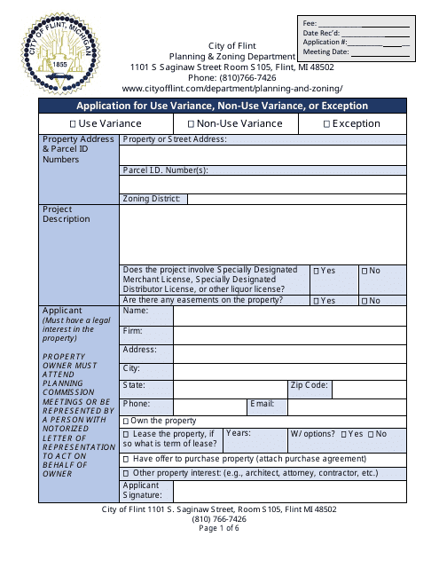 Application for Use Variance, Non-use Variance, or Exception - City of Flint, Michigan Download Pdf