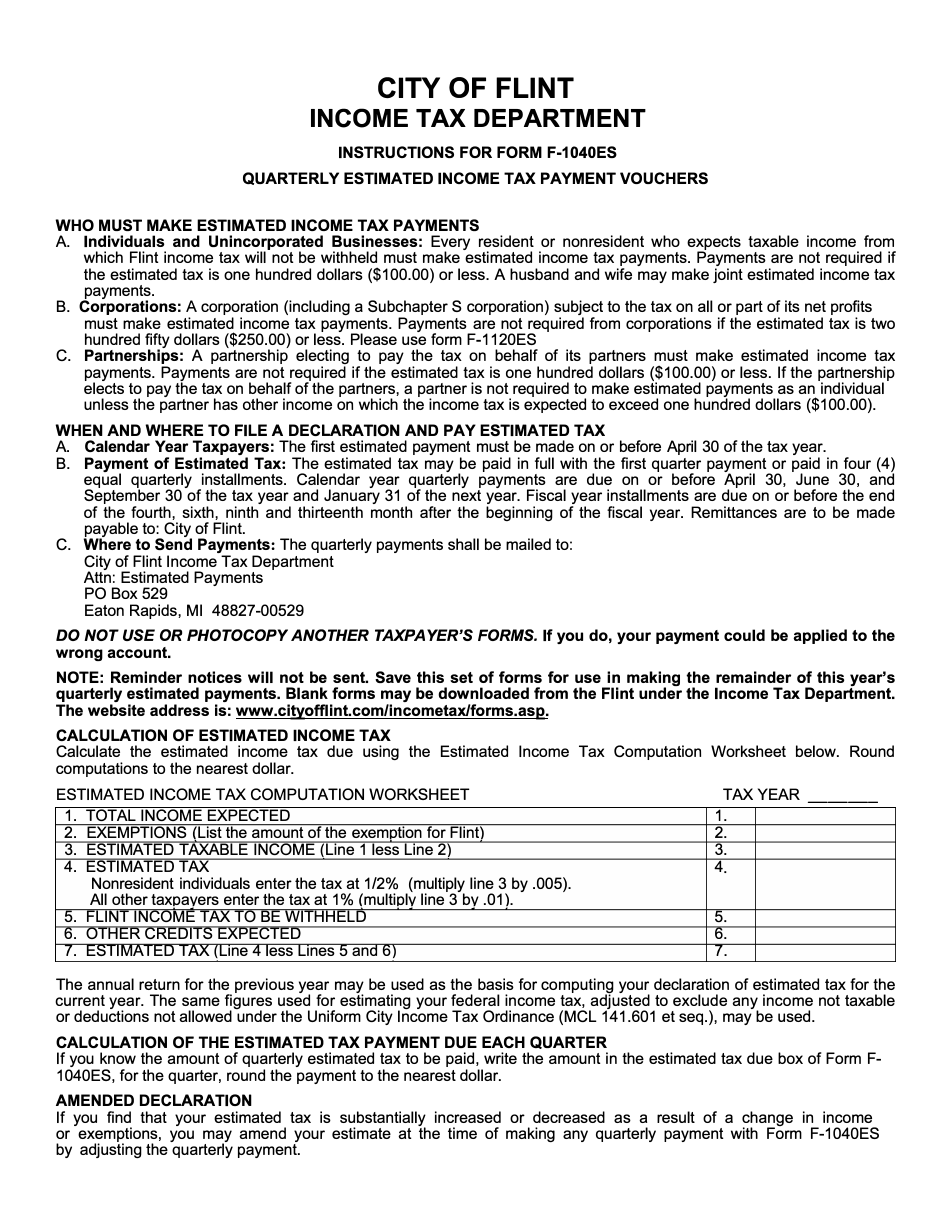Form F-1040ES Estimated Income Tax Payment Voucher - City of Flint, Michigan, Page 1