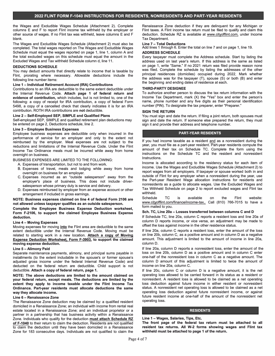 Instructions for Form F-1040 Individual Income Tax Return - City of Flint, Michigan, Page 4