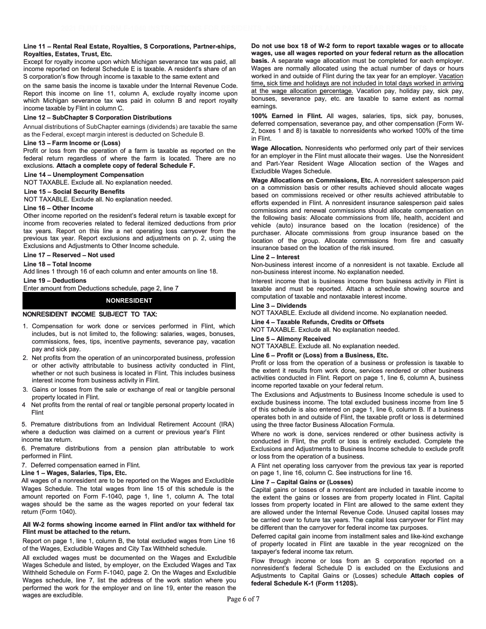 Instructions for Form F-1040 Individual Income Tax Return - City of Flint, Michigan, Page 6