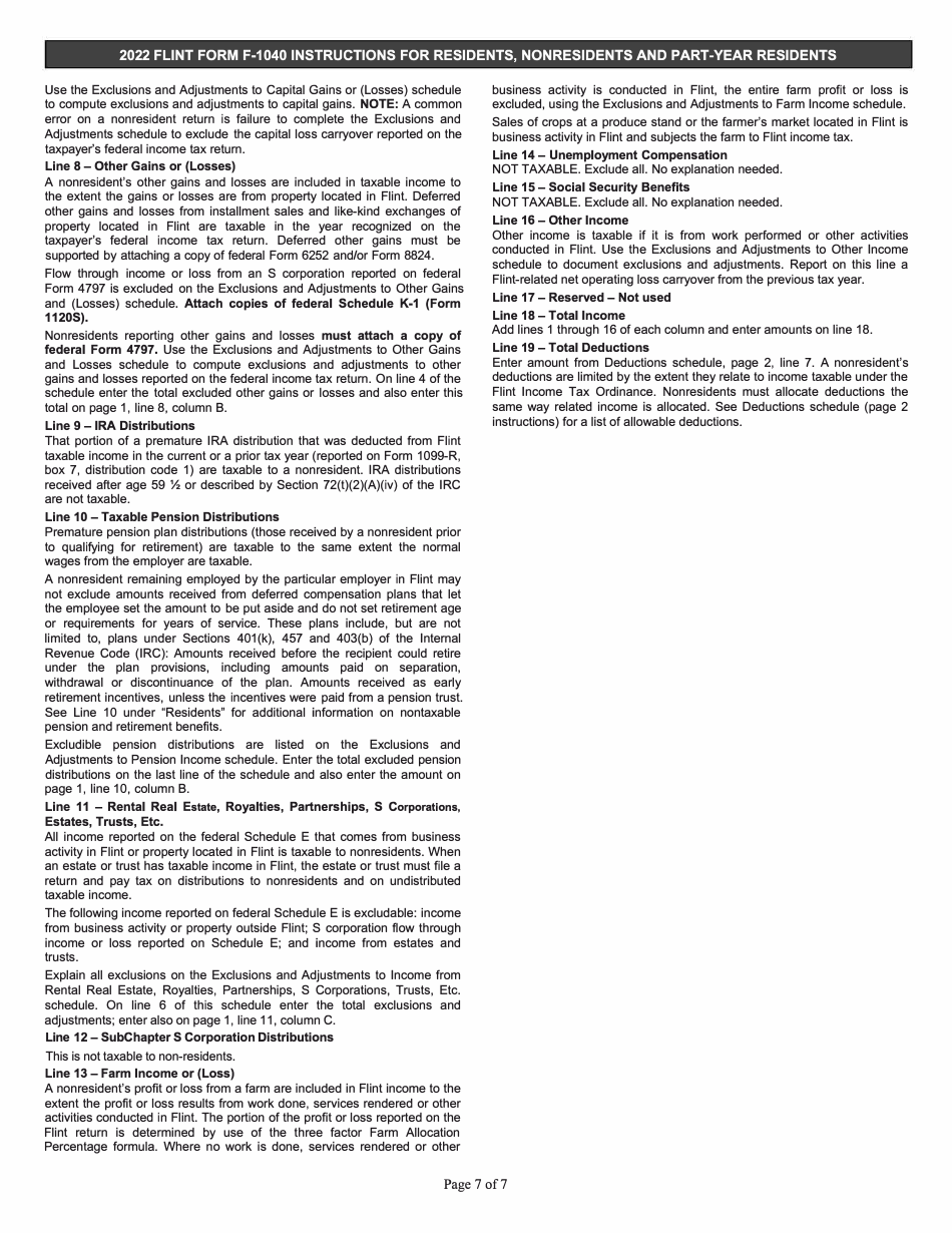Instructions for Form F-1040 Individual Income Tax Return - City of Flint, Michigan, Page 7