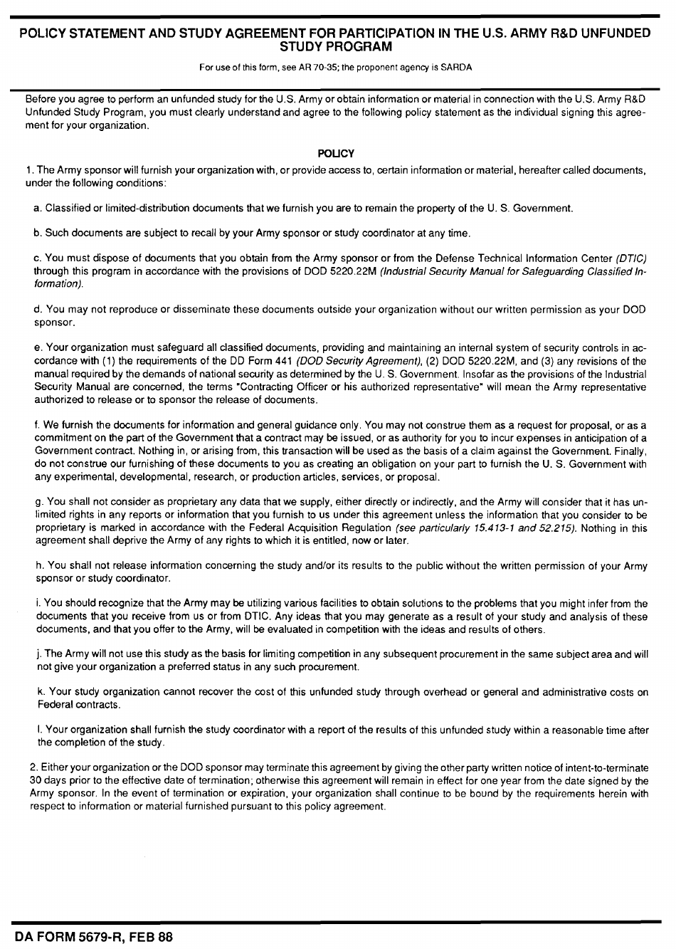 DA Form 5679-R Policy Statement and Study Agreement for Participation in the U.S. Army Rd Unfunded Study Program, Page 1