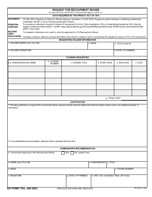 DA Form 7793 Request for Recoupment Wavier