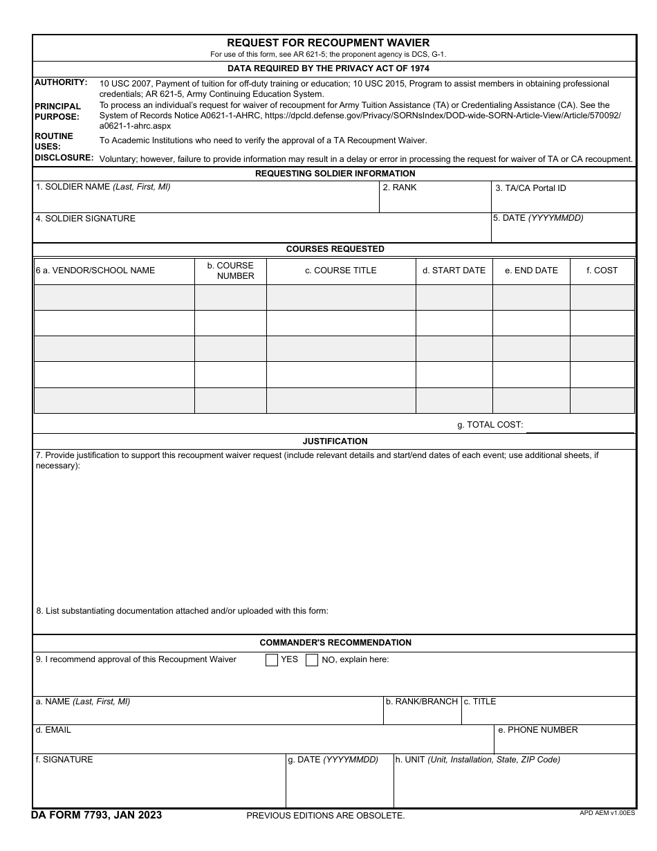 DA Form 7793 Request for Recoupment Wavier, Page 1