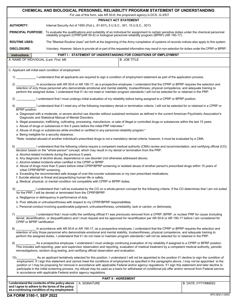 DA Form 3180-1 Download Fillable PDF or Fill Online Chemical and ...