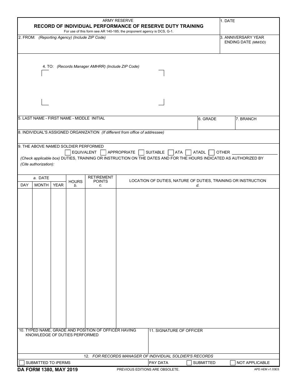 DA Form 1380 Record of Individual Performance of Reserve Duty Training, Page 1
