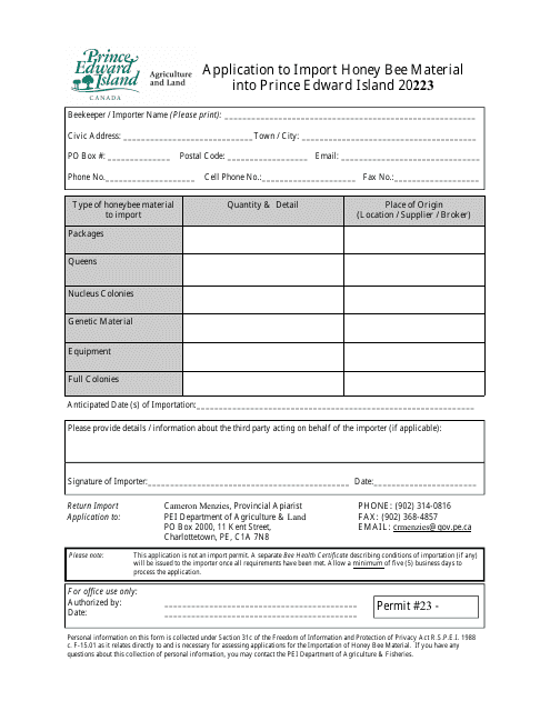 Application to Import Honey Bee Material Into Prince Edward Island - Prince Edward Island, Canada Download Pdf