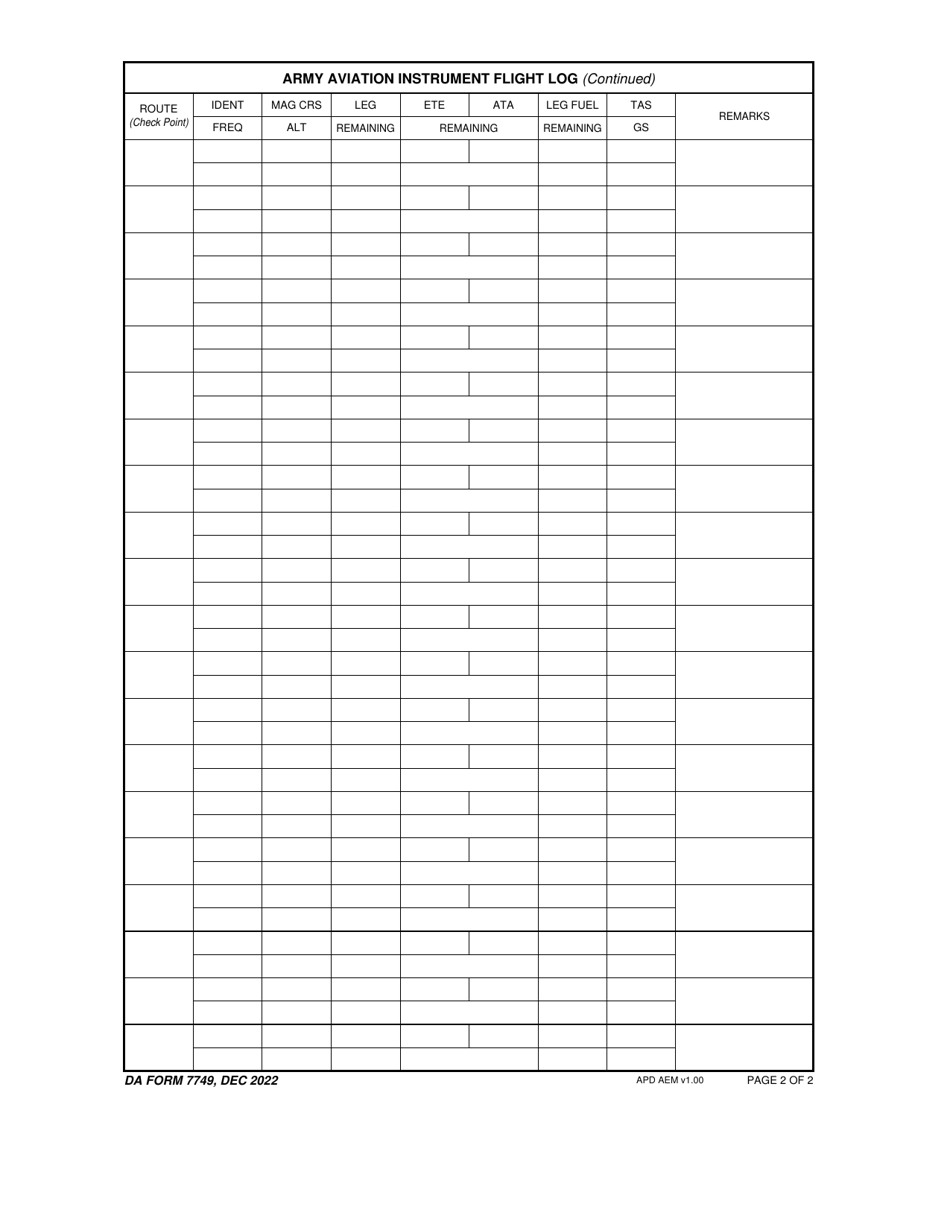 DA Form 7749 Army Aviation Instrument Flight Log, Page 2