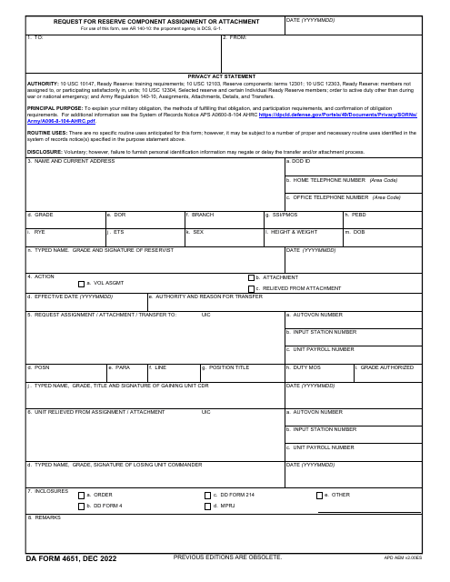 DA Form 4651 Request for Reserve Component Assignment or Attachment