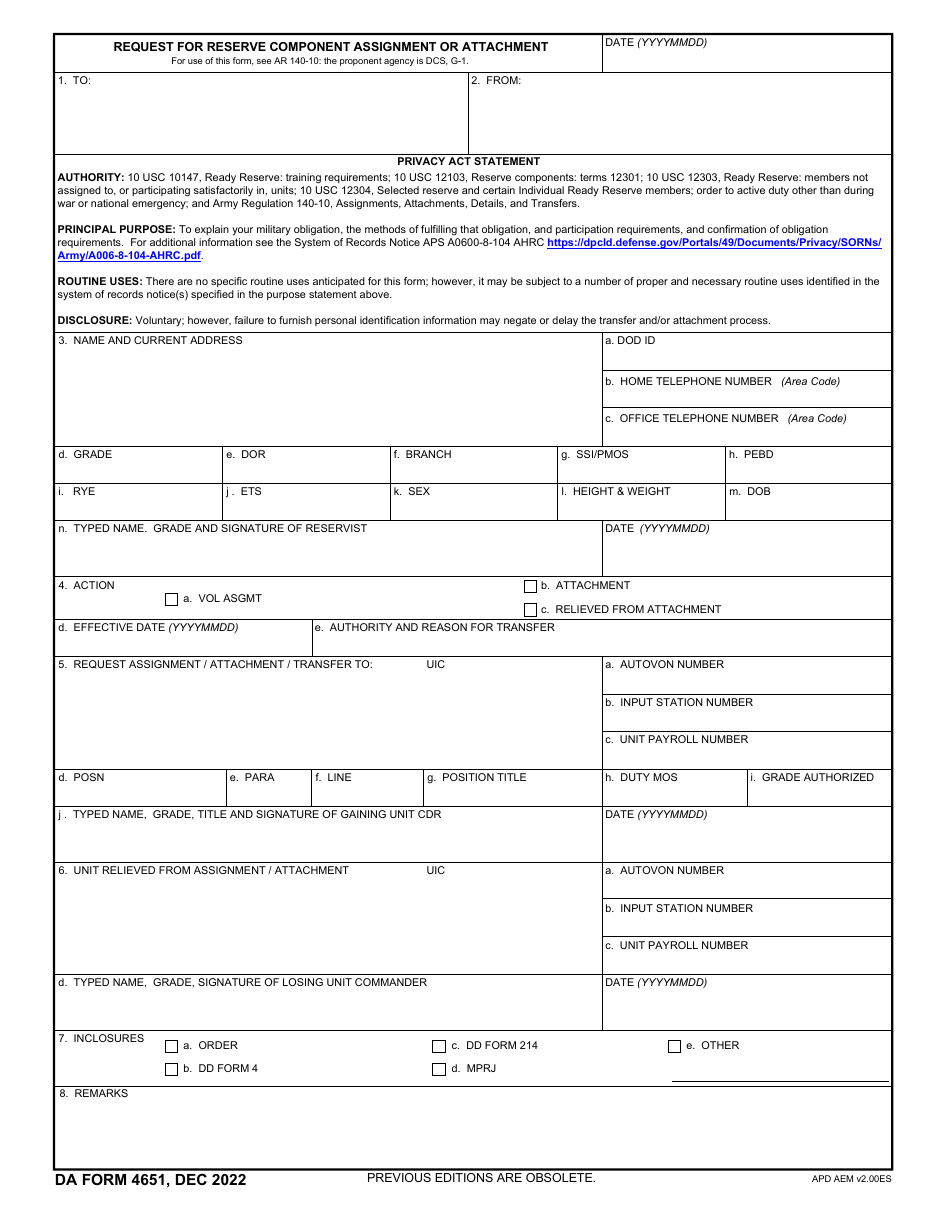 DA Form 4651 Request for Reserve Component Assignment or Attachment, Page 1