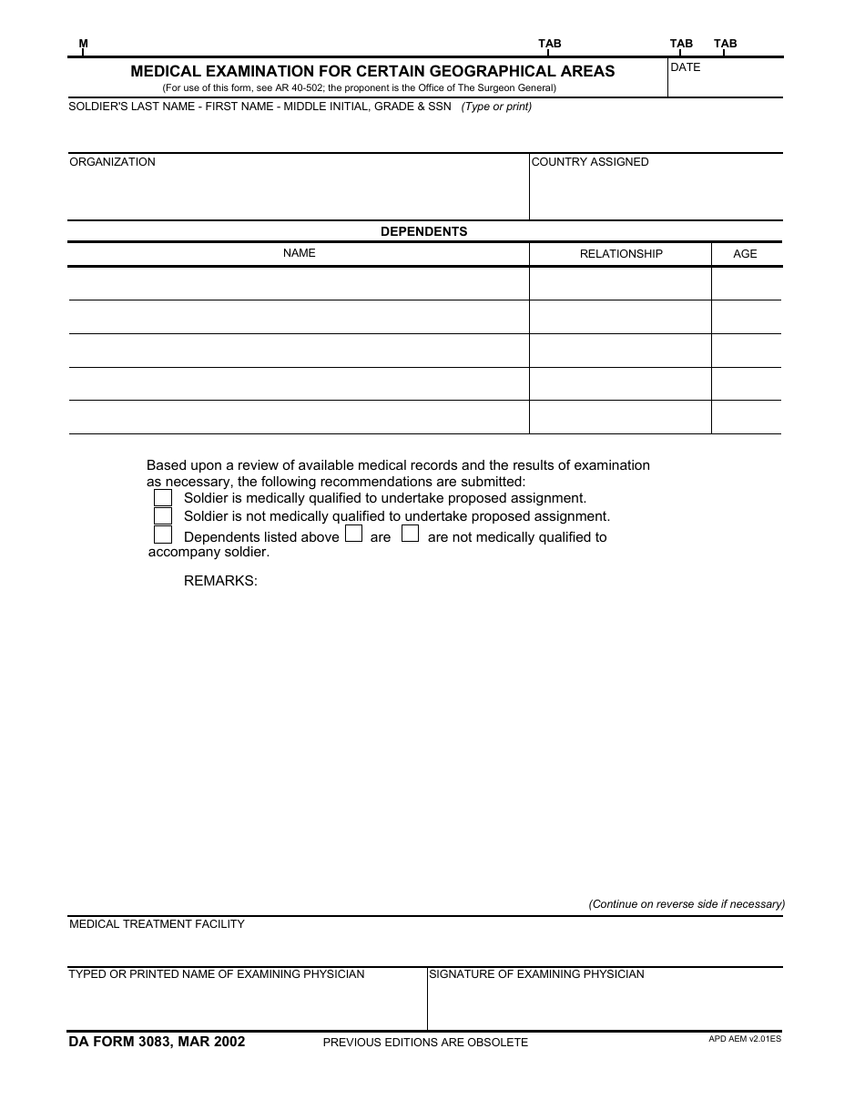 DA Form 3083 Medical Examination for Certain Geographical Areas, Page 1