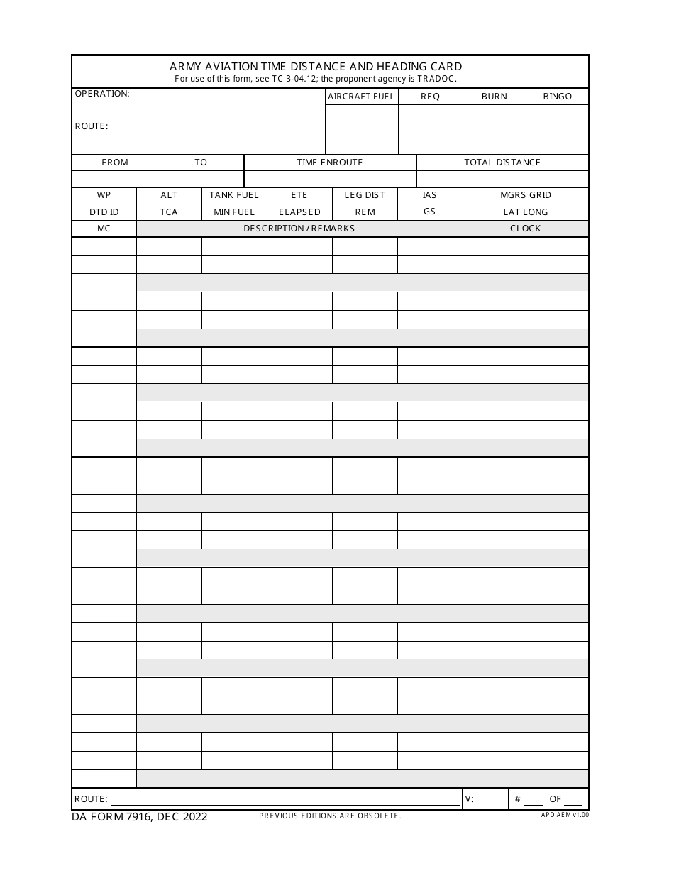 DA Form 7916 Army Aviation Time Distance and Heading Card, Page 1