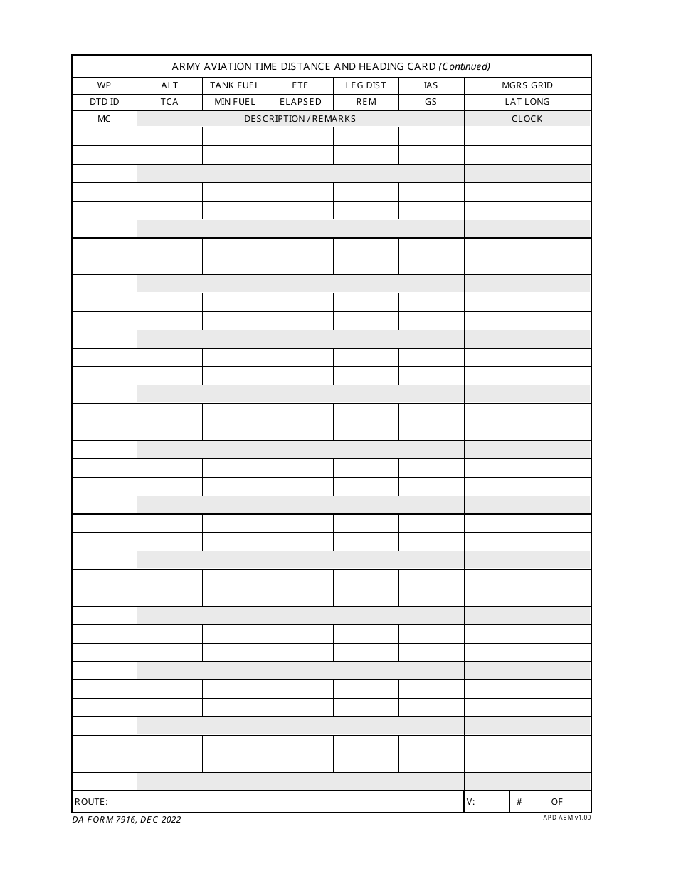 DA Form 7916 Army Aviation Time Distance and Heading Card, Page 2