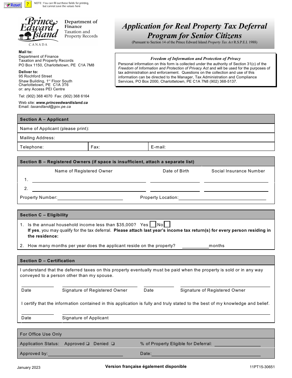 Form 11PT15-30651 Application for Real Property Tax Deferral Program for Senior Citizens - Prince Edward Island, Canada, Page 3