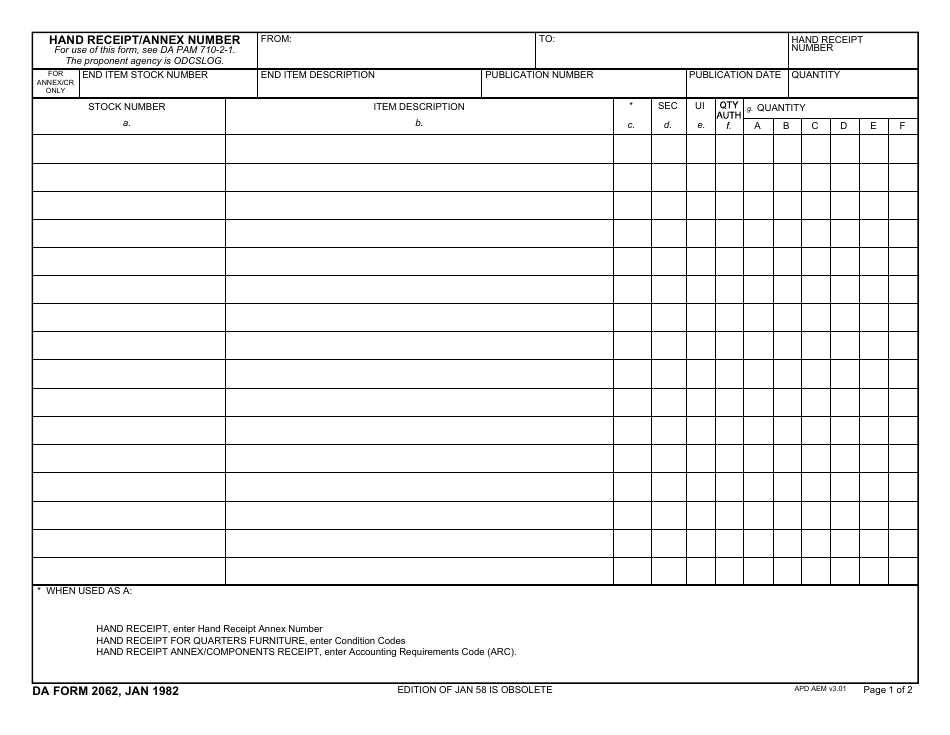 DA Form 2062 Hand Receipt / Annex Number, Page 1