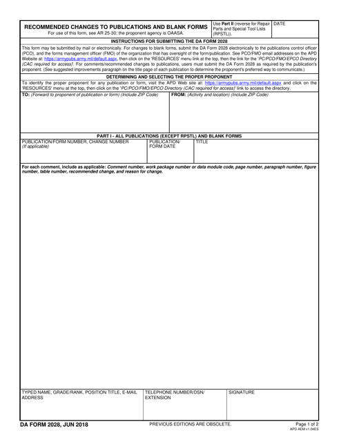 DA Form 2028  Printable Pdf