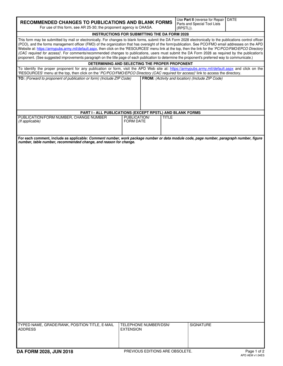 DA Form 2028 - Fill Out, Sign Online and Download Fillable PDF ...