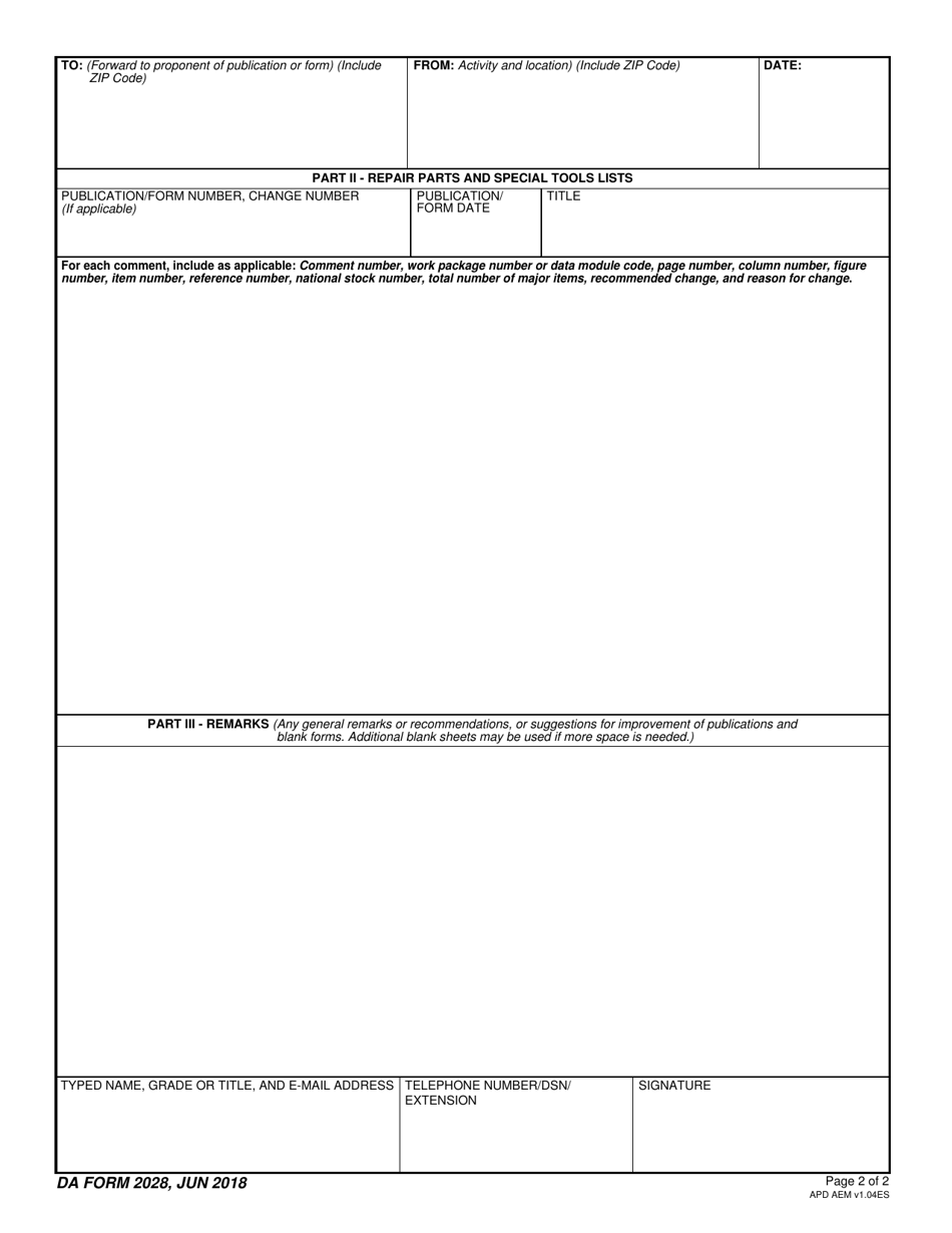 DA Form 2028 Recommended Changes to Publications and Blank Forms, Page 2